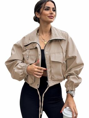 Beige Cropped Lightweight Utility Funnel Neck Jacket | Top Trend for Spring